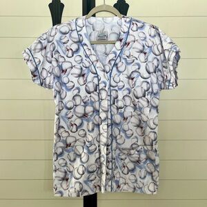 Women’s Baseball Themed Scrub Top Small Blue White Maroon Pockets Smart Scrubs